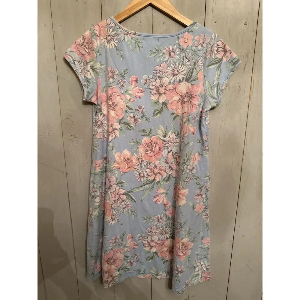 Miss Elaine Relax Pink Floral Short Lounge Gown, Pockets Size Small